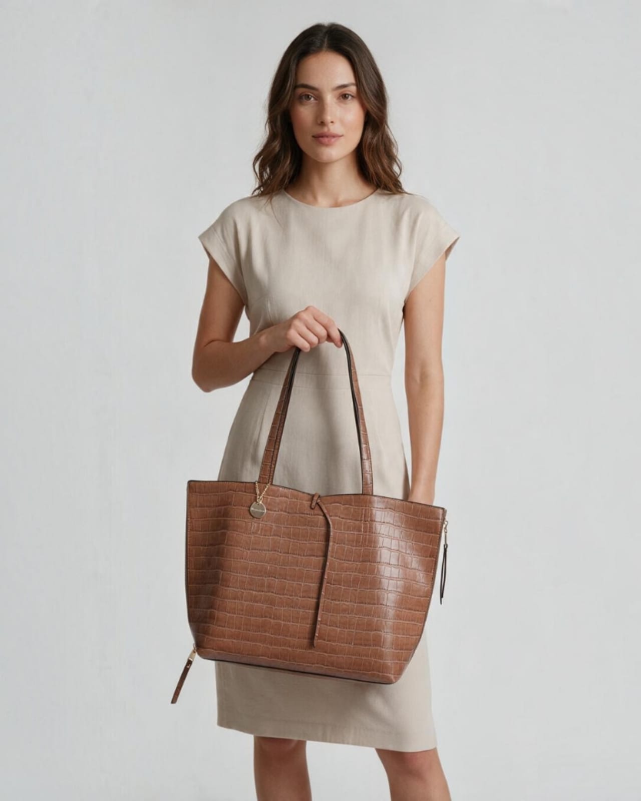 BROWN FAUX LEATHER CROCO HANDBAG