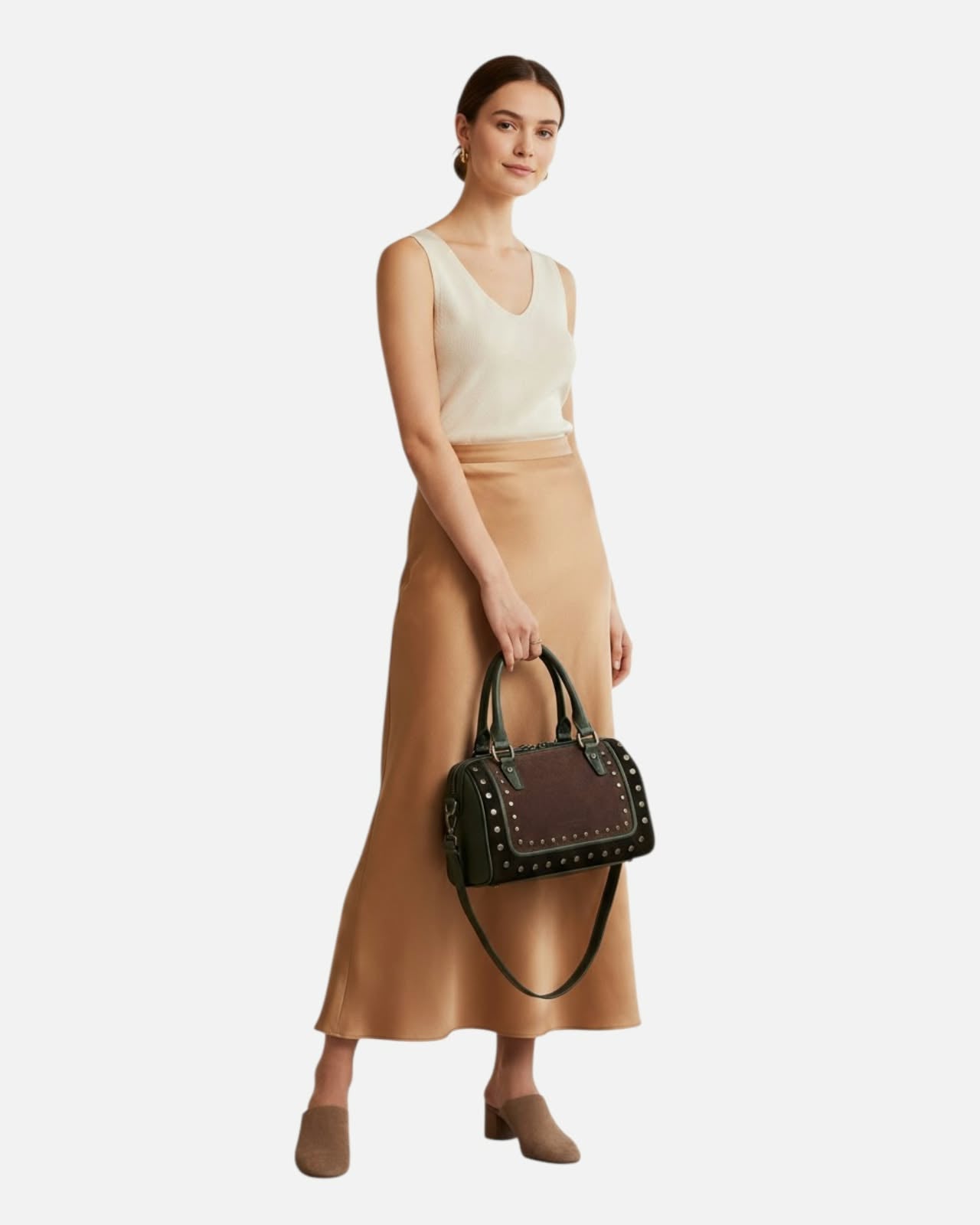 GREEN AND BROWN SUEDE HANDBAG