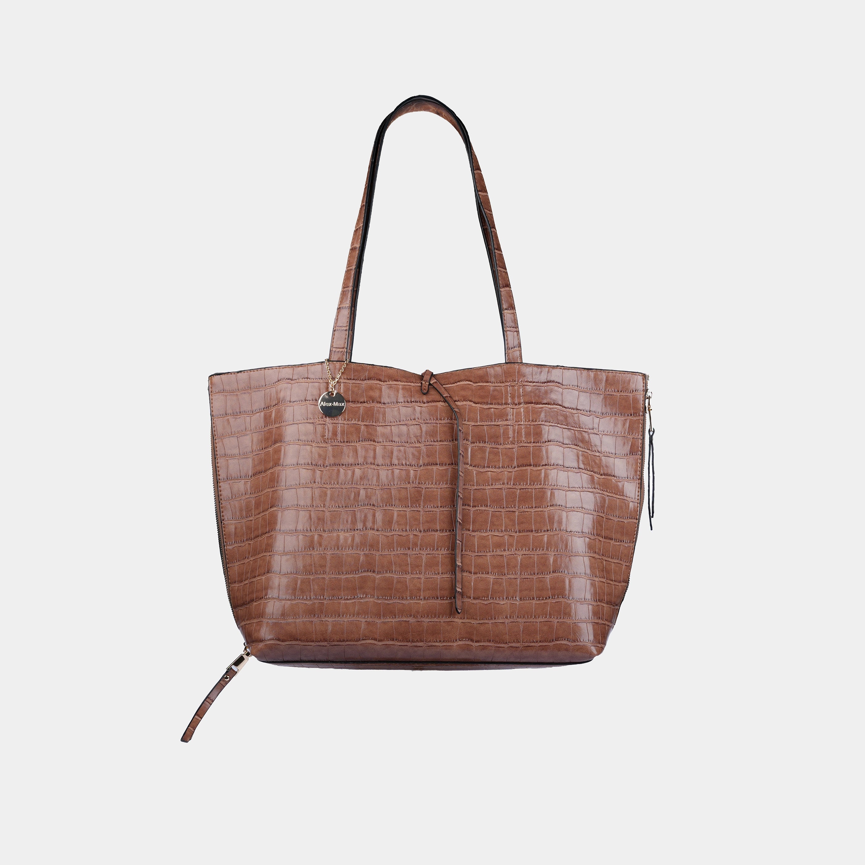 BROWN FAUX LEATHER CROCO HANDBAG