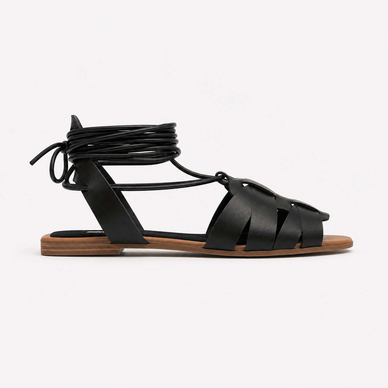Black Flat Sandal with Ankle Tie - DeeBoutique