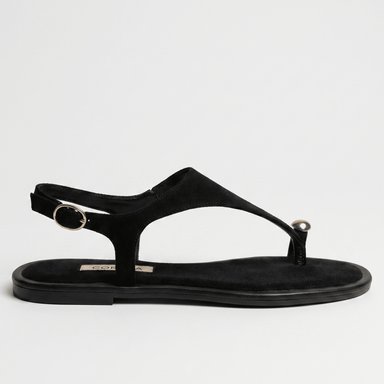 Black T - Bar Flat Sandal – Gold Detail - DeeBoutique