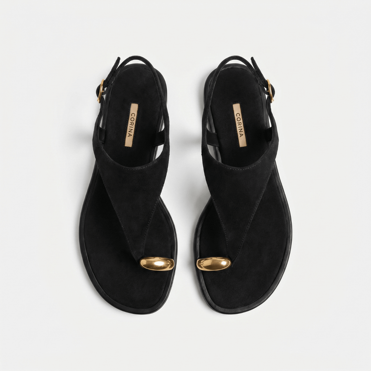 Black T - Bar Flat Sandal – Gold Detail - DeeBoutique