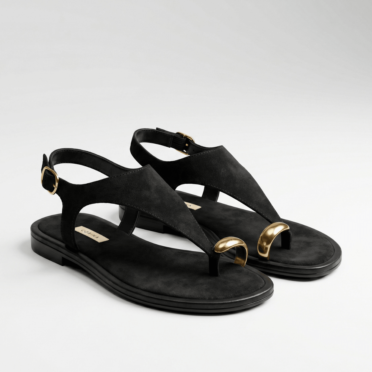 Black T - Bar Flat Sandal – Gold Detail - DeeBoutique